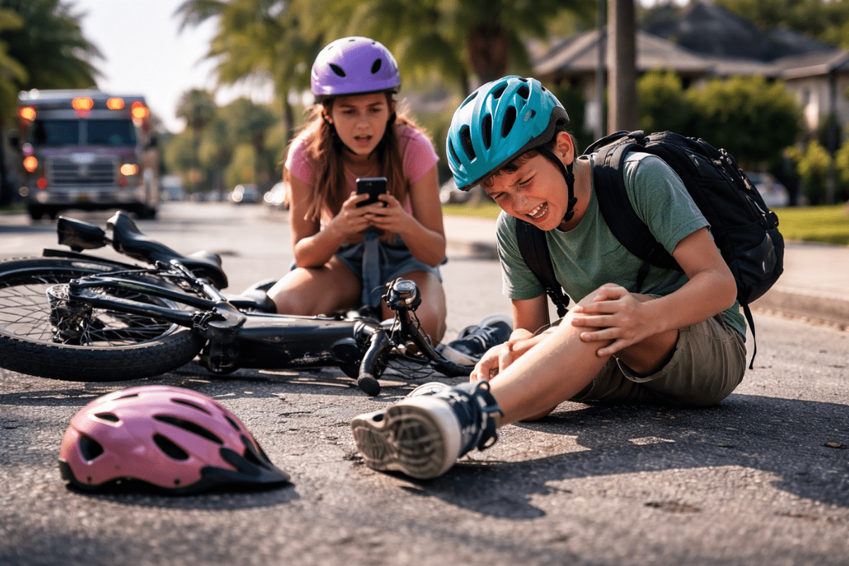 Child injured in e-bike accident on residential street showing common causes like distraction and loss of control