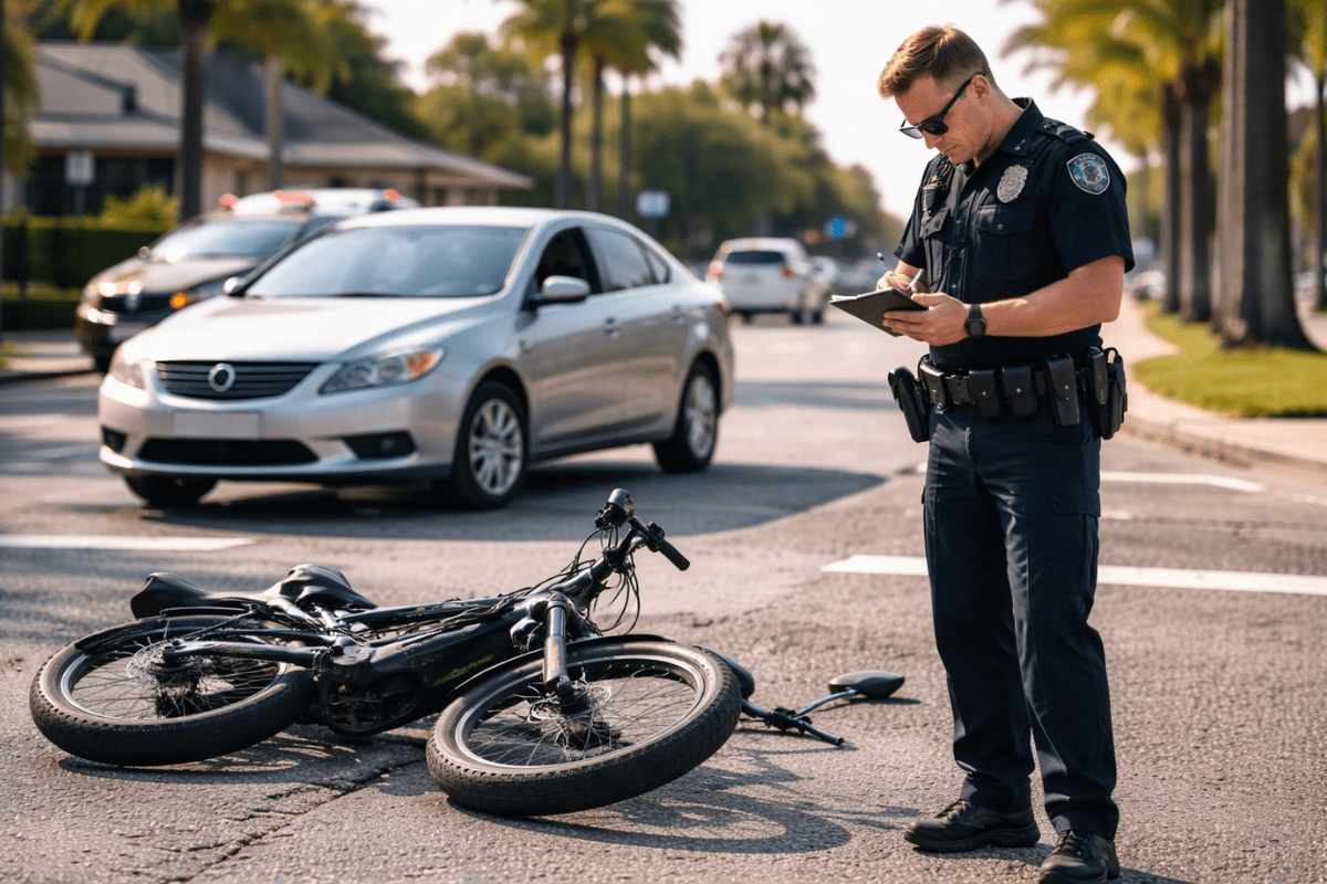 Police officer investigating e-bike accident scene with vehicle to determine liability in Florida